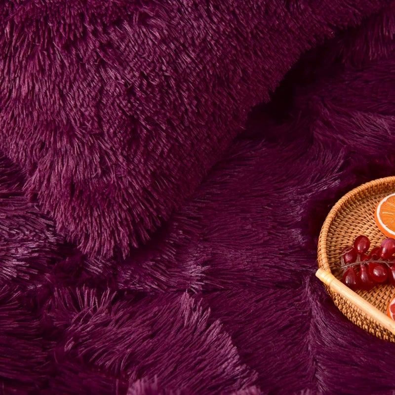 MorroMorn 5 PCS Shaggy Duvet Cover Bedding Set - Fluffy Comforter Cover Long Faux Fur Luxury Ultra Soft Cozy (Maroon, Full/Queen) - Image 3